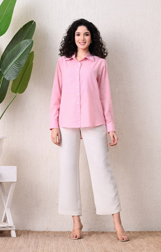 VAIMIYA Women's Pink Textured Cotton Shirt
