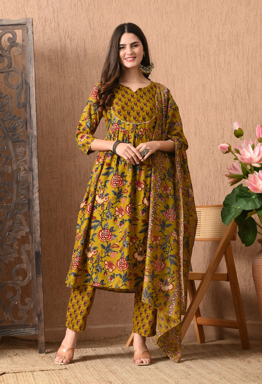 Vaimiya Floral Mustard Printed Notch Neck Gotta Patti Kurta With Trousers & Dupatta