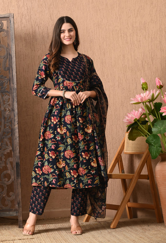 Vaimiya Women Floral Blue Printed Kurta with Trousers & Dupatta
